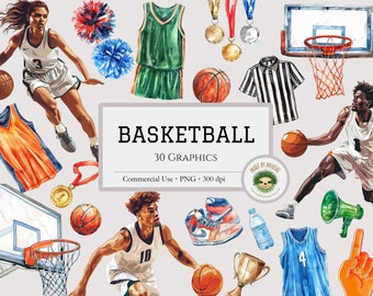 Basketball Watercolor Bundle Clipart, Basketball Court Hoop Team Players Sublimation Graphics, Sporting Game Design, Commercial Use PNG