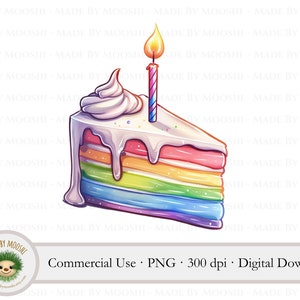 Regenbogen Kuchen Stück Aquarell Clipart, bunte abgestufte Geburtstagskerze Sublimationsgrafik, niedliche Bäckerei Zeichnung, kommerzielle Nutzung Download PNG