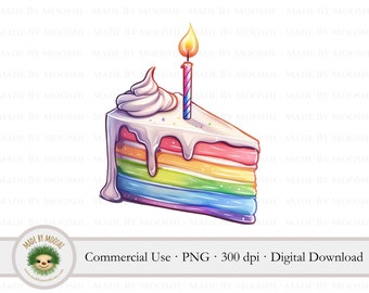 Rainbow Cake Slice Watercolor Clipart, Colorful Tiered Birthday Candle Sublimation Graphic, Cute Bakery Drawing, Commercial Use Download PNG