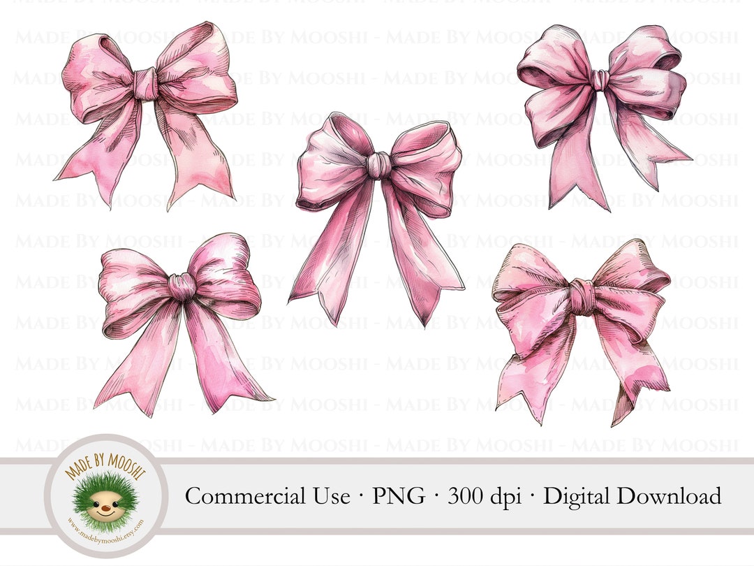 Pink Vintage Bow Bundle Clipart, Coquette Watercolor Ribbon Sublimation ...