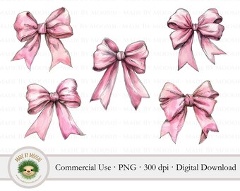 Pink Vintage Bow Bundle Clipart, Coquette Watercolor Ribbon Sublimation Graphics, Cute Trendy Pastel Pink Girly Nursery PNG, Commercial Use