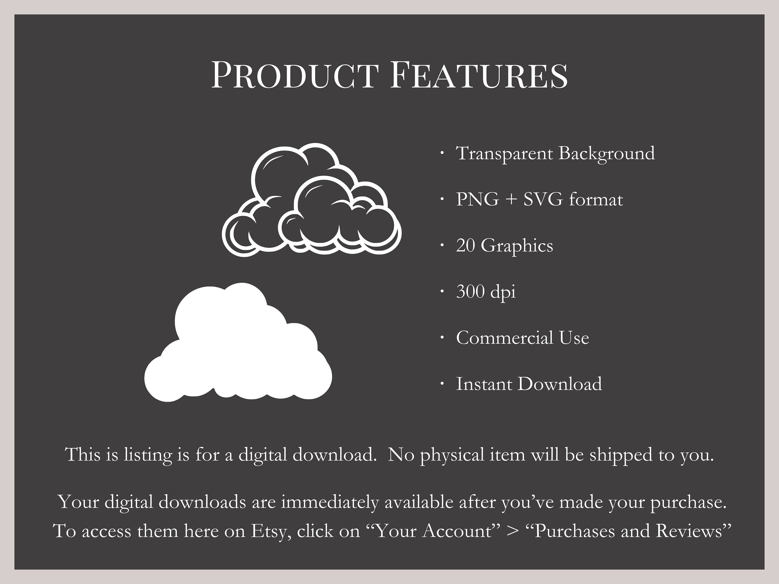 Cloud Clipart Bundle, Simple White Silhouette Outline Fluffy Cloud ...