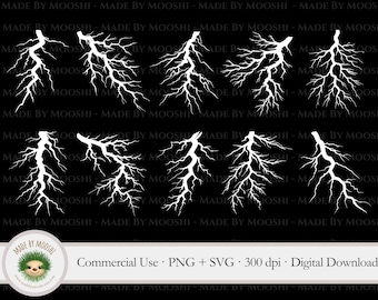 Lightning Bolt Clipart Bundle, Simple White Silhouette Storm Graphics, Realistic Lightning Weather Strike Cut File, Commercial Use SVG PNG