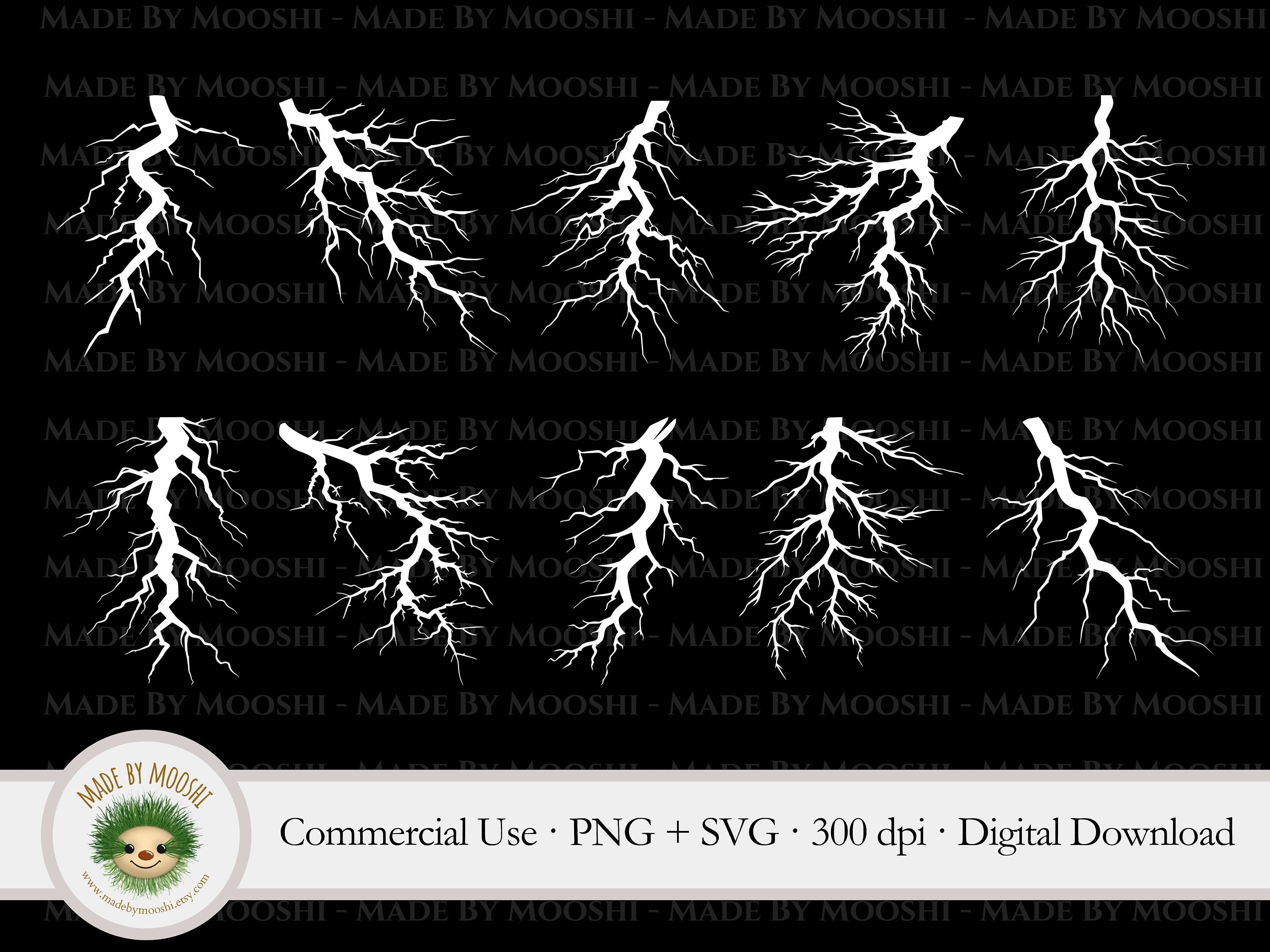 Lightning Bolt Clipart Bundle, Simple White Silhouette Storm