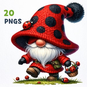 Bundle PNG di clipart di gnomi coccinelle ad acquerello / 20 PNG di alta qualità / Decorazioni per la cameretta dei bambini, Arte per la cameretta dei bambini, Amanti degli gnomi, Sublimazione di gnomi coccinelle