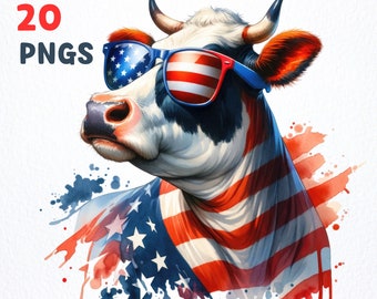 Lot de cliparts vache patriotique | 20 PNG de haute qualité | Drapeau américain vache clipart, graphiques png de vache patriotique, sublimation de vache patriotique