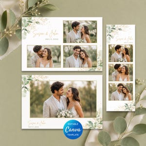 May include: Wedding photo booth template with photos of a couple, floral and gold details. Text reads "Susan & John, May 9, 20XX". The template is editable using Canva.