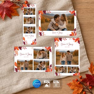 May include: A collection of customizable photo cards featuring autumn-themed borders with red, orange, and purple leaves. Each card displays the text Olivia & Johny and a date, showcasing various photographs of a couple in a grassy field.
