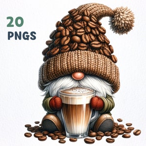 Pacchetto di clipart Gnome amante del caffè dell'acquerello / 20 PNG di alta qualità / clipart Gnome Coffee, grafica png Coffee Gnome, sublimazione di Gnome