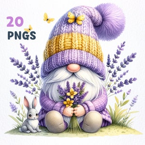 Paquete de imágenes prediseñadas de gnomo de lavanda / 20 PNG de alta calidad / imágenes prediseñadas de gnomo de flores, gráficos png de gnomo de lavanda, sublimación de gnomos