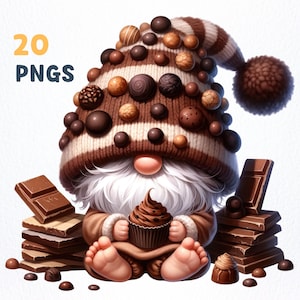Aquarel Chocolate Lover Gnome Clipart PNG-bundel | 20 hoogwaardige png-bestanden | Muurdecoratie, kinderkamerkunst, kabouterliefhebbers, cacaokabouter-sublimatie