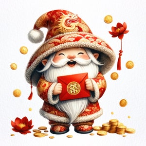 Nains du nouvel an lunaire aquarelle, png gnomes du nouvel an chinois, nain de l'année du dragon, clipart gnomes mignons, png du zodiaque dragon, png sublime