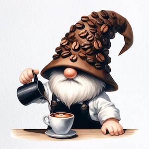 Gnomos de granos de café de acuarela, gnomos de café png, gnomo de café con leche, imágenes prediseñadas de gnomos lindos, png de café, png amante del café, png sublimado