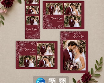 May include: A set of wedding stationery in deep burgundy featuring white floral line art, the text Susan & John, and May 9, 20XX. The designs include photo collages of a couple in a burgundy suit and white wedding dress, with digital file icons.