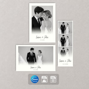 Puede incluir: Una colección de impresiones fotográficas de boda en blanco y negro con una pareja en traje formal. Las impresiones incluyen un retrato, un paisaje y una tira vertical, todas con los nombres Susan & John y la fecha 10.3.20XX en letra cursiva.