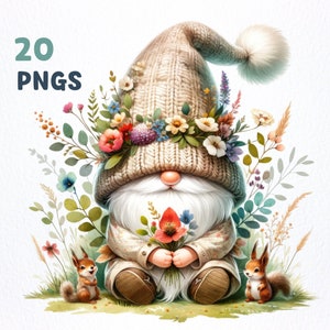 Watercolor Floral Forest Gnome Clipart bundle | 20 High-Quality PNGs | Garden Gnome With Flowers, Woodland Gnome png, Gnome sublimation