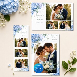 Könnte beinhalten: Ein Set aus Hochzeitspapeterie-Vorlagen mit Aquarell-Illustrationen blauer Hortensien. Die Designs enthalten Fotoplatzhalter, den Text Amanda and James sowie das Datum August 24, 202X. Ein blaues rundes Abzeichen mit dem Text Canva Template ist sichtbar.