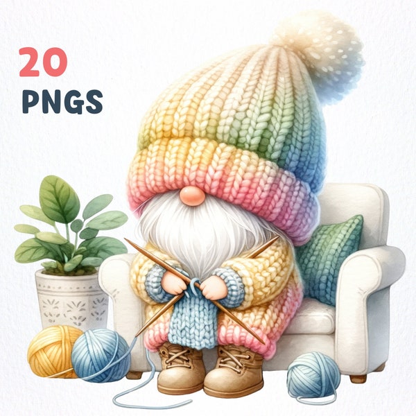 Aquarell stricken Gnome Clipart PNG Bündel | 20 hochwertige PNGs | Gnome Liebhaber, gehäkelte Gnome Sublimation