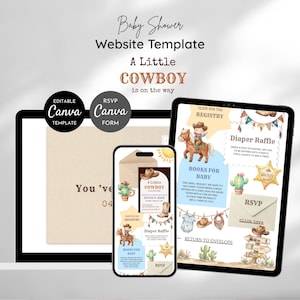 Puede incluir: Una plantilla de sitio web para baby shower con tema de vaquero, mostrada en una tableta, teléfono y pantalla de computadora. El diseño incluye ilustraciones de un vaquero a caballo, cactus y una placa de sheriff. El texto incluye "A Little Cowboy is on the way."