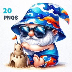 Paquete de imágenes prediseñadas de acuarela Summer Beach Gnome / 20 PNG de alta calidad / Gnome Summer Beach clipart, gráficos png de Summer Beach Gnome