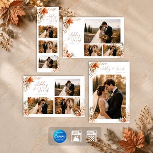 Puede incluir: Un conjunto de plantillas de papelería de boda con una pareja en varias poses, decorado con ilustraciones de follaje otoñal y el texto Ashley & Jacob. Los diseños incluyen una tira vertical, dos tarjetas horizontales y una tarjeta vertical.