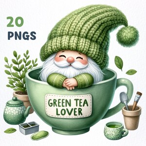 Amante de chá verde aquarela Gnomo Clipart PNG pacote | 20 PNGs de alta qualidade | Decoração de parede, arte de berçário, amantes de gnomos, sublimação de gnomo de chá