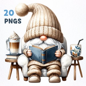 Paquete de imágenes prediseñadas de Gnome para amantes de los libros de acuarela / 20 PNG de alta calidad / Imágenes prediseñadas de Gnome de lectura, gráficos png de Gnome leyendo un libro, Gnomo de libro