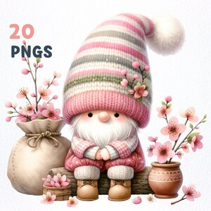 Paquete PNG de acuarela Cherry Blossom Gnome Clipart / 20 PNG de alta calidad / Sakura Gnome, arte infantil, amante de los gnomos, sublimación de Sakura Gnome