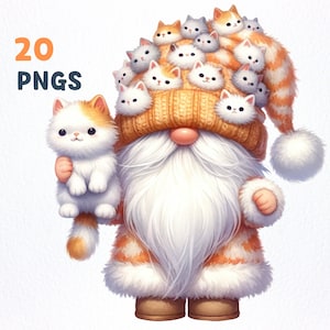 Lot de cliparts gnome amoureux des chats à l'aquarelle | 20 PNG de haute qualité | Clipart nain d'amant de chat, graphiques png de nain d'amant de chat, sublimation de gnome