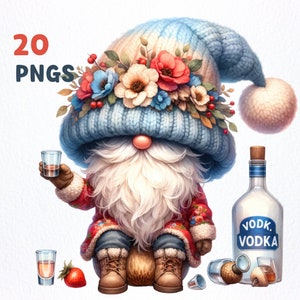 Pacchetto PNG acquerello Vodka Gnome Clipart / 20 PNG di alta qualità / Gnomo ubriaco, Gnomo da festa, Amante dello gnomo, sublimazione dello Gnomo Vodka