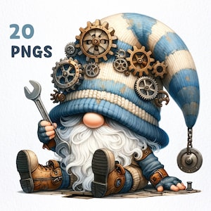 Paquete PNG de Gnome mecánico de acuarela / 20 PNG de alta calidad / Decoración de pared, Arte infantil, Amantes de gnomos, Sublimación de gnomos maquinistas
