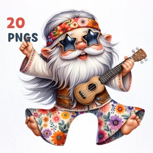 Lot de cliparts aquarelle hippie gnome | 20 PNG de haute qualité | Clipart hippie nain, graphiques png Peace Gnome, sublimation gnome