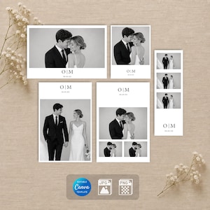May include: A collection of black and white wedding photo templates featuring a couple in formal attire. Each layout includes the text O|M and 08.09.XX. The designs are presented in various rectangular formats, including a vertical photo strip.