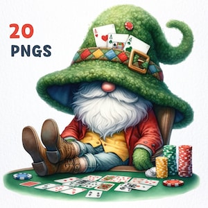 Aquarell Poker Wichtel Clipart PNG Bundle | 20 hochwertige PNGs | Wanddekoration, Kinderzimmer Kunst, Gnom Liebhaber, Kasino Gnom Sublimation