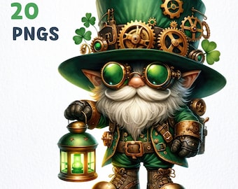Watercolor Steampunk St. Patrick Gnome Clipart bundle | 20 High-Quality PNGs | Steampunk St. Patrick Gnome png graphics, Gnome sublimation