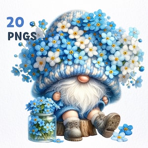 Lot de cliparts aquarelle myosotis | 20 PNG de haute qualité | Graphiques Forget Me Not Flower Gnome png, sublimation Gnome