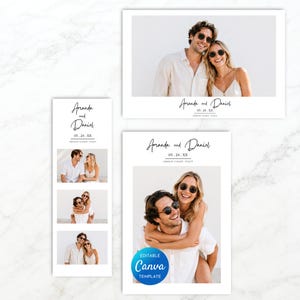 Peut inclure: Un ensemble de trois modèles modifiables présentant des photographies d'un couple portant des lunettes de soleil. Le texte indique Amanda and Daniel, 05.24.XX, et Amalfi Coast, Italy. Les designs incluent une carte horizontale, une bande verticale et une carte portrait.