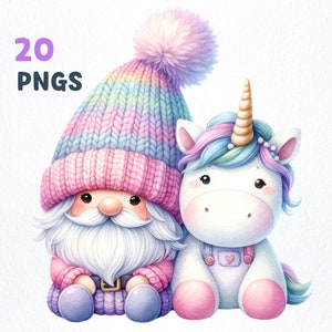 Aquarell Einhorn Gnome Clipart PNG Bundle | 20 hochwertige PNGs | Kinderzimmerdeko, Kinderzimmer Kunst, Gnomliebhaber, Einhorn Gnom Sublimation