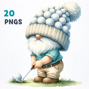 Paquete de imágenes prediseñadas de Golfer Gnome de acuarela / 20 PNG de alta calidad / Gnome play Golf clipart, gráficos png de Golfer Gnome, sublimación de Golfer Gnome
