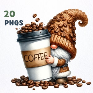 Lot de cliparts aquarelle Coffee Lover Gnome | 20 PNG de haute qualité | Clipart de nain de café, graphiques png de nain de café, sublimation de nain