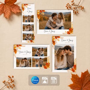 Puede incluir: Una colección de plantillas de papelería de boda o compromiso con fotos de una pareja en un campo, decoradas con hojas de otoño naranjas y amarillas. El texto "Olivia & Johny" y "JUNE 16, 202X" está impreso en cada tarjeta.