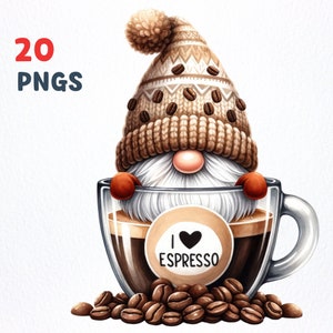 Acuarela I Love Coffee Gnome Clipart paquete / 20 PNG de alta calidad / Gnome Coffee clipart, gráficos png de Coffee Gnome, sublimación de Gnome