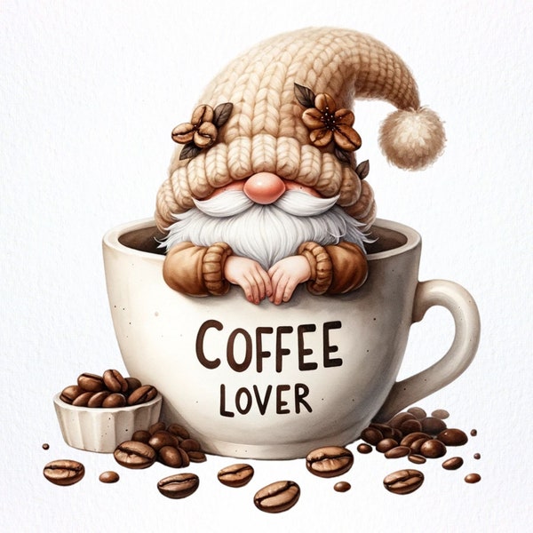 Aquarell Kaffee Liebhaber Gnome, Kaffee Gnome Png, Kaffee Bohnen Gnom, süße Gnome Clipart, Kaffee Png, Kaffee Liebhaber Png, sublimieren PNG