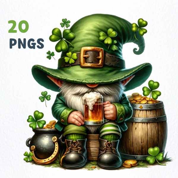 St. Patrick's Gnomes Clipart bundle | 20 High-Quality PNGs | St Patrick clipart, St Patricks gnome png graphics, Gnome sublimation