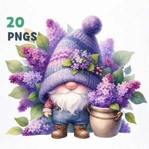 Acuarela Lila Flor Gnome Clipart PNG paquete / 20 PNG de alta calidad / Decoración de vivero, Arte de vivero, Amantes de gnomos, Sublimación de gnomos
