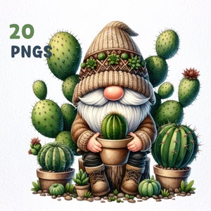 Paquete de imágenes prediseñadas de Cactus Gnome de acuarela / 20 PNG de alta calidad / imágenes prediseñadas de Cactus Gnome, gráficos png de Cactus Gnome, sublimación de Cactus Gnome
