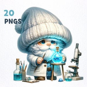 Lot de cliparts aquarelle scientifique gnome PNG | 20 PNG de haute qualité | Décoration murale, oeuvre d'art pour chambre d'enfant, amateurs de gnomes, sublimation de gnomes scientifiques