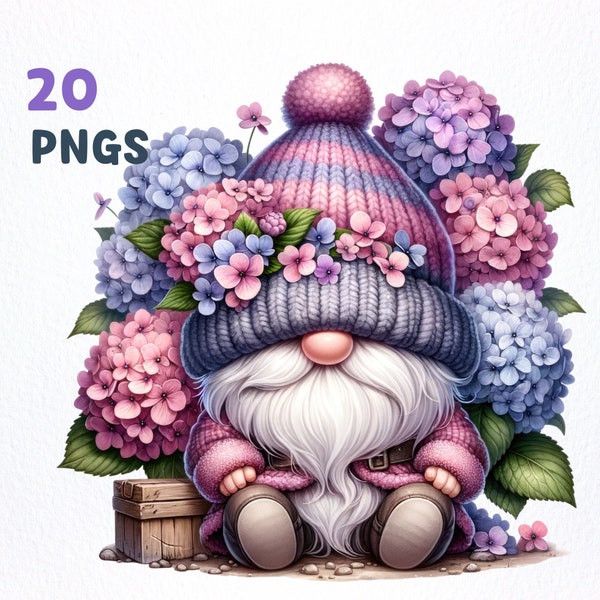 Watercolor Hydrangea Gnome Clipart bundle | 20 High-Quality PNGs | Flower Gnome clipart, Hydrangea Gnome png graphics, Gnome sublimation