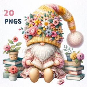 Pacchetto PNG di acquerello libro fiore Gnome Clipart / 20 PNG di alta qualità / arredamento della scuola materna, arte della scuola materna, amanti degli gnomi, sublimazione dello gnomo da lettura