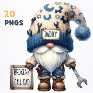 Aquarell Fix Dad Gnome Clipart PNG Bündel | 20 hochwertige PNGs | Wanddekoration, Kinderzimmer Kunst, Gnom Liebhaber, Vatertag Gnom Sublimation